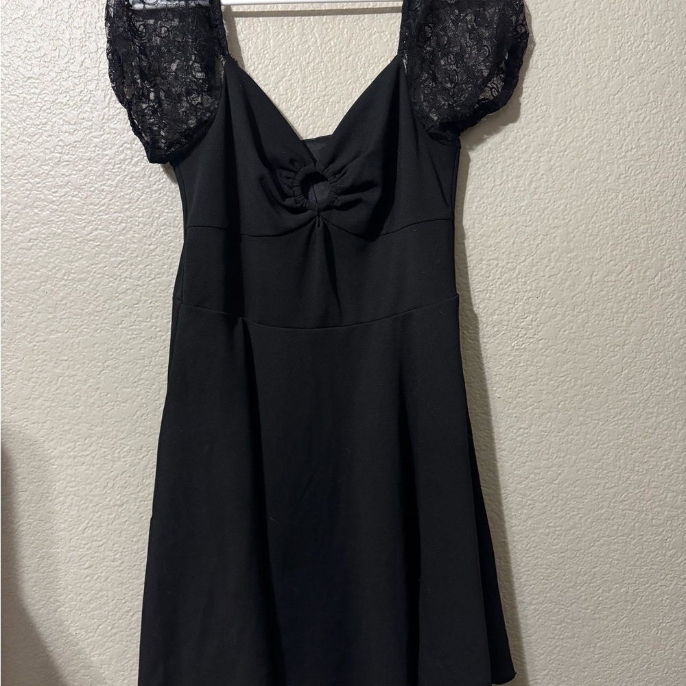 City Triangles Black Mini Dress with Lace Sleeves